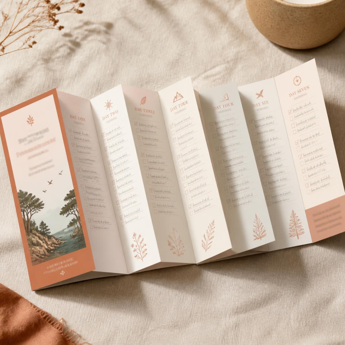 A printed seven-day checklist folded open, one panel per day