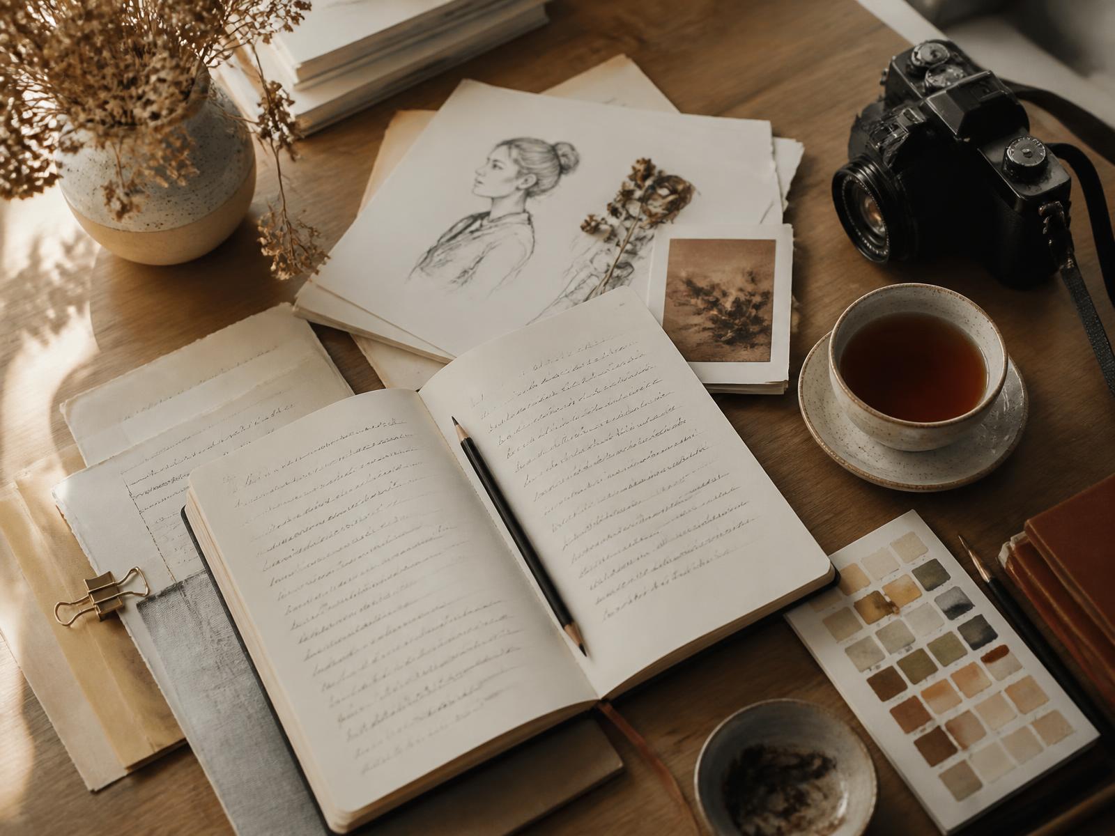 A creative's desk with an open notebook, manuscript pages, pencil sketches, a camera and watercolour swatches